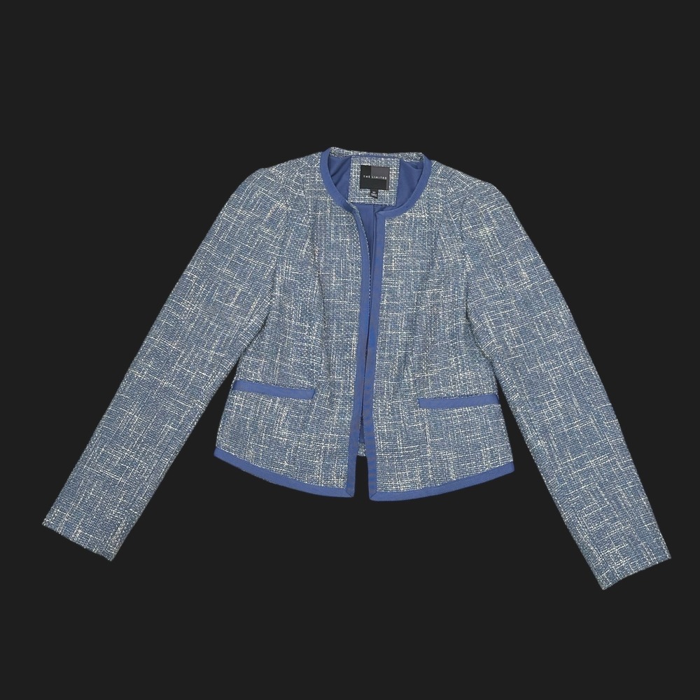 The Limited Blue Tweed Blazer Open Front Collarless Cropped Jacket XS RN54874